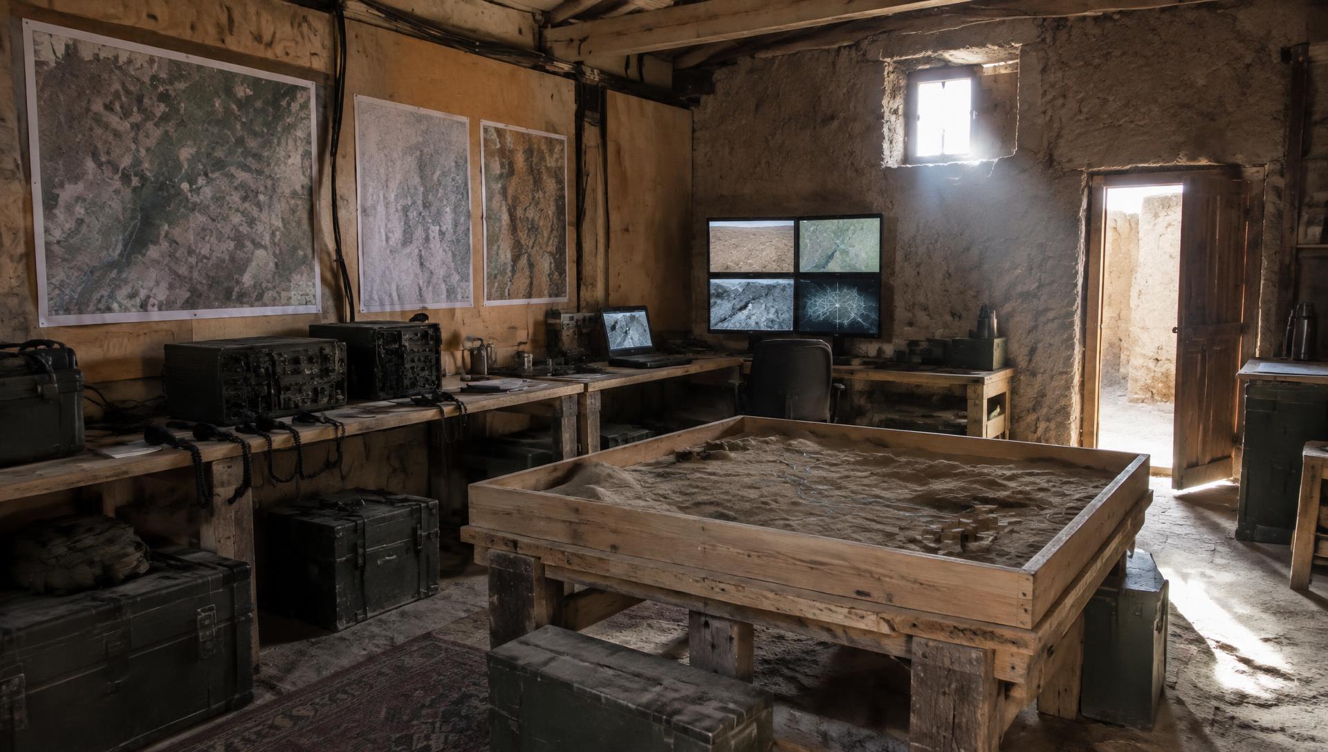 Empty, worn operations room with radios, monitors, maps and a sand table